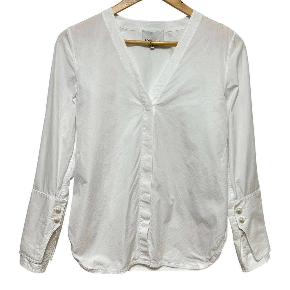 3.1 Phillip Lim Pearl Double Cuff Blouse Womens 6 White‎ Cotton Poplin Luxury